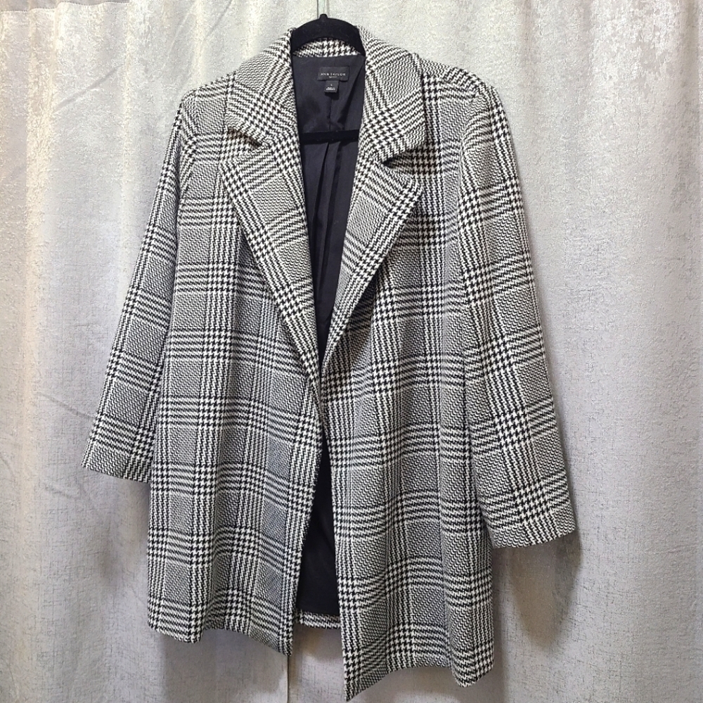 Ann Taylor Factory Plaid Houndstooth Open Front Peak Lapel Jacket Topcoat SMALL